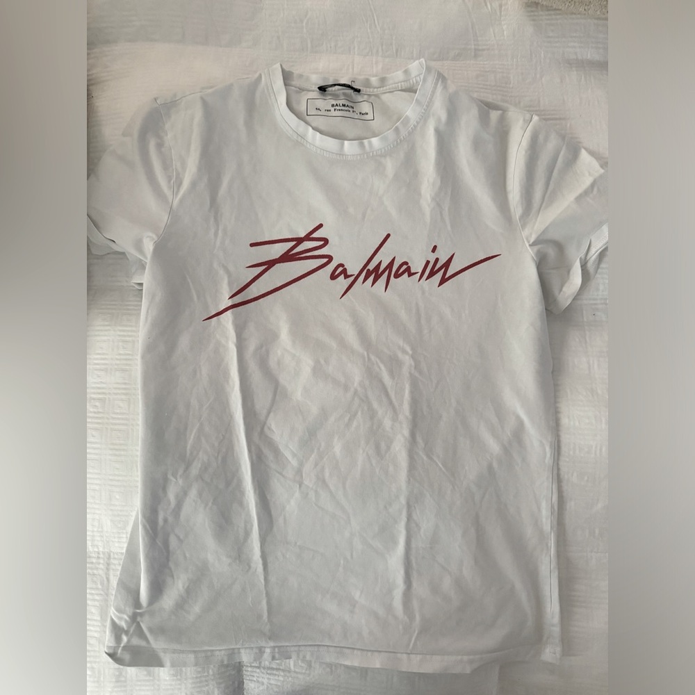 Balmain White Tee with Red Logo